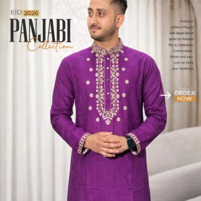 Premium Cotton Panjabi – Royal Purple Embroidered Luxe