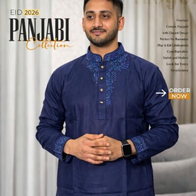 Premium Cotton Panjabi – Navy Blue Embroidered Elegance