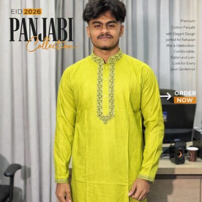 Premium Cotton Panjabi – Lime Green Embroidered Festive Edition