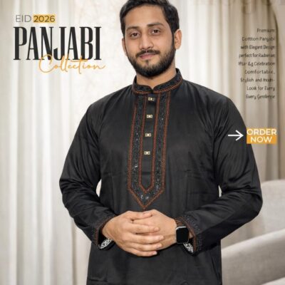 Premium Cotton Panjabi – Classic Black Royal Embroidery Edition