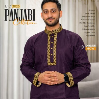Premium Cotton Panjabi – Royal Purple Gold Embroidery Edition