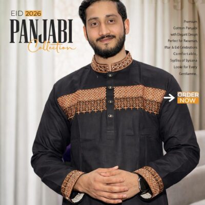 Premium Cotton Panjabi – Black & Copper Embroidery Edition