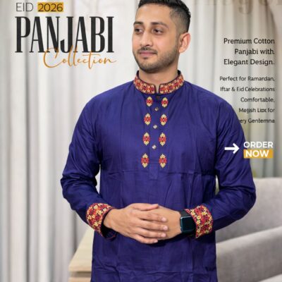 Premium Cotton Panjabi – Royal Blue Floral Embroidery Edition