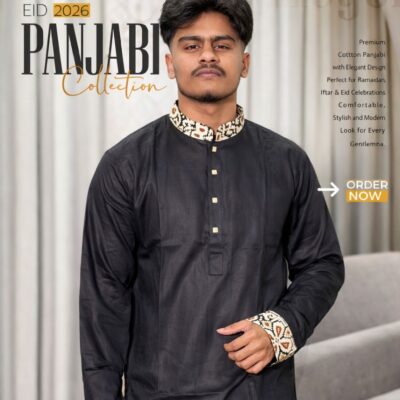 Premium Cotton Panjabi – Black Minimal Pattern Collar Edition