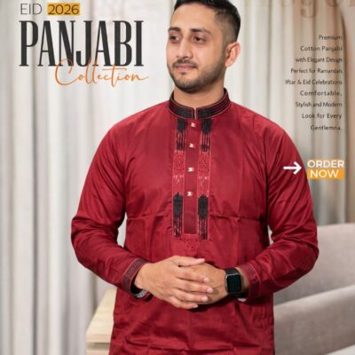 Premium Cotton Panjabi – Deep Red Black Embroidery Edition