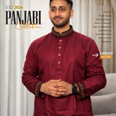 Premium Cotton Panjabi – Deep Maroon Elegant Embroidery Edition
