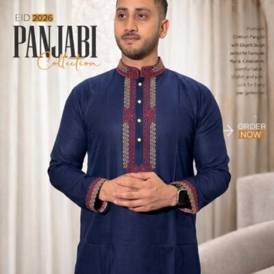 Premium Cotton Panjabi – Royal Navy Embroidered Edition