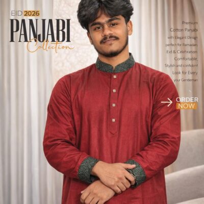 Premium Cotton Panjabi – Deep Red Contrast Collar Edition