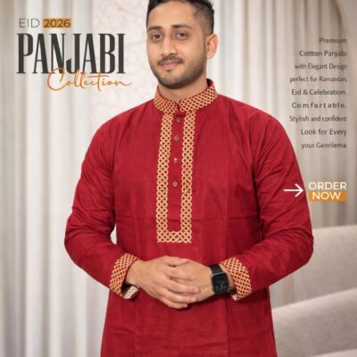 Premium Cotton Panjabi – Classic Red with Golden Embroidery