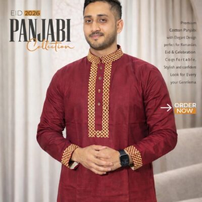 Premium Cotton Panjabi – Deep Red with Royal Golden Detailing