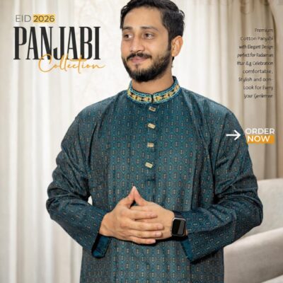 Premium Cotton Panjabi – Teal Patterned Elegance