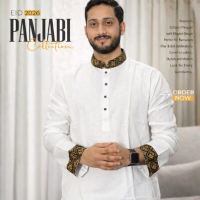 Premium Cotton Panjabi – Classic White with Royal Black-Gold Accents