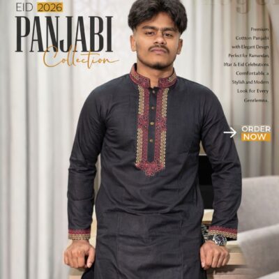 Premium Cotton Panjabi – Classic Black with Red-Golden Embroidery