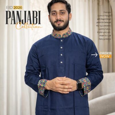 Premium Cotton Panjabi – Deep Navy with Multicolor Accent Details