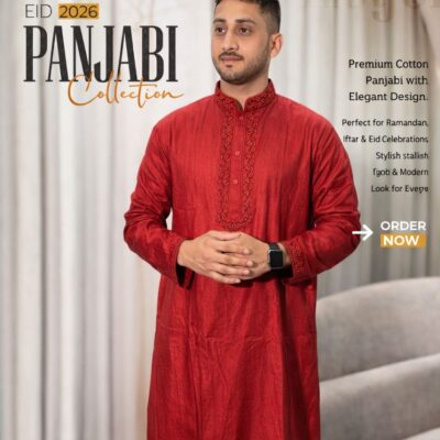 Premium Cotton Panjabi – Vibrant Red with Elegant Embroidery