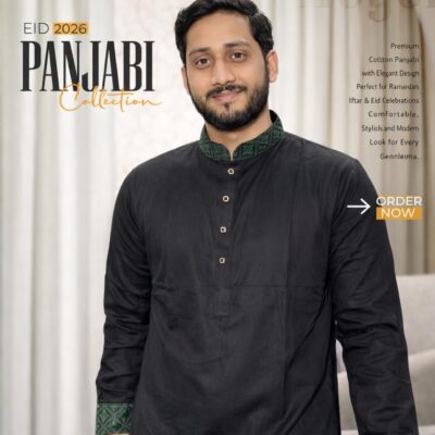 Premium Cotton Panjabi – Classic Black with Green Accent