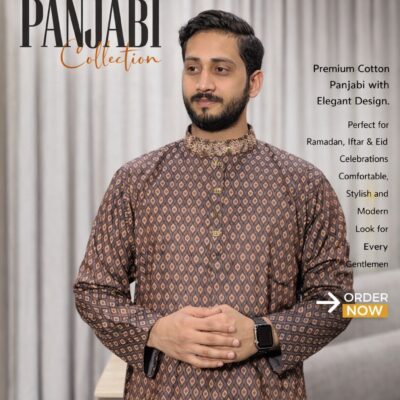 Premium Cotton Panjabi – Brown Geometric Pattern