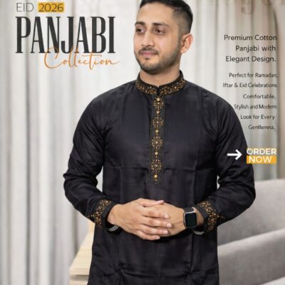 Premium Cotton Panjabi – Black with Golden Embroidery