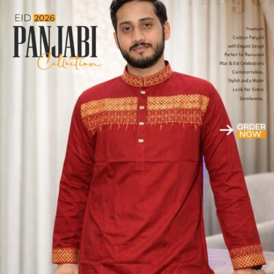 Premium Cotton Panjabi – Royal Red Embroidered Edition