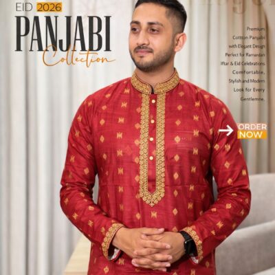 Premium Cotton Panjabi – Royal Red Patterned Luxe Edition