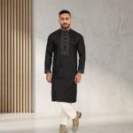 Premium Cotton Panjabi – Obsidian Black with Intricate Neck Embroidery