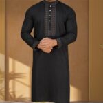 Premium Cotton Panjabi – Obsidian Black with Intricate Neck Embroidery
