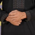 Premium Cotton Panjabi – Obsidian Black with Intricate Neck Embroidery