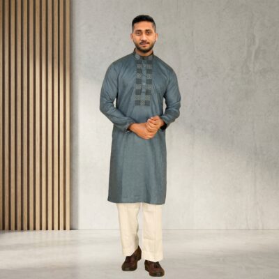 Premium Slate Blue Cotton Panjabi – Elegant Box-Pattern Embroidery Edition