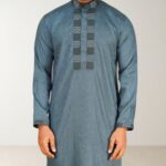 Premium Slate Blue Cotton Panjabi – Elegant Box-Pattern Embroidery Edition