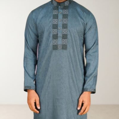 Premium Slate Blue Cotton Panjabi – Elegant Box-Pattern Embroidery Edition