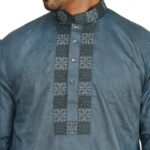Premium Slate Blue Cotton Panjabi – Elegant Box-Pattern Embroidery Edition