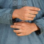 Premium Slate Blue Cotton Panjabi – Elegant Box-Pattern Embroidery Edition