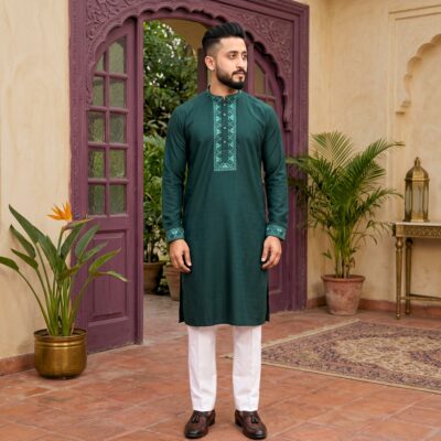 Premium Emerald Green Cotton Panjabi