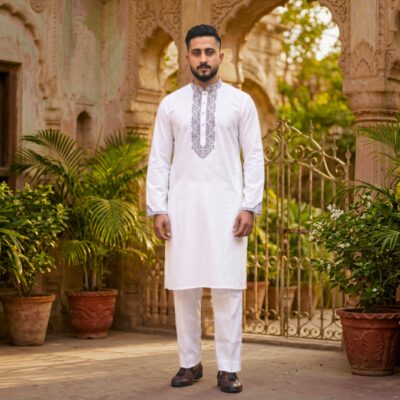 Premium Arctic White Cotton Panjabi