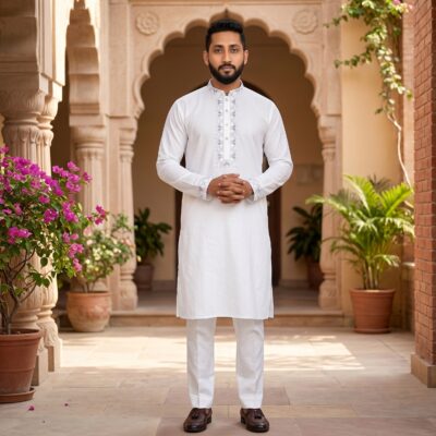 Premium Crystal White Cotton Panjabi