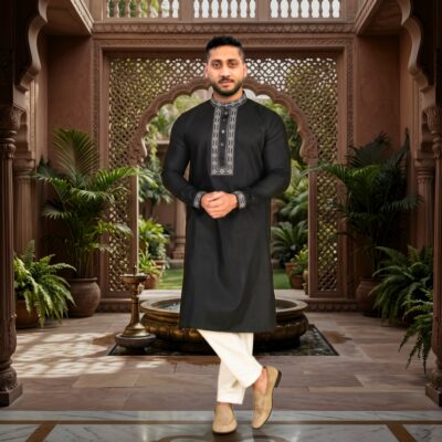 Premium Midnight Black Cotton Panjabi